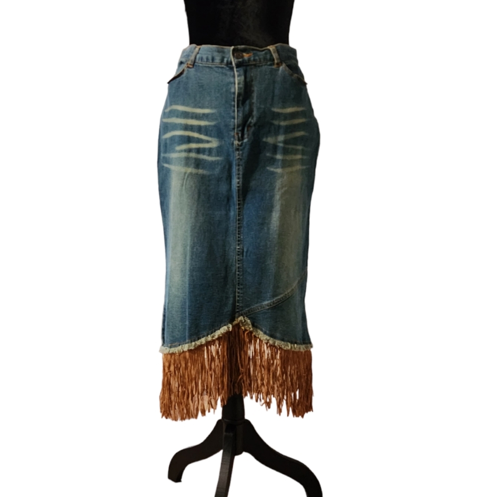 Vintage 90s Y2K Leather Look Fringe Midi Denim Skirt Stagecoach